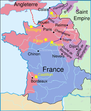 Voyage de Jeanne d'Arc – en pointillés blancs - en rose les territoires contrôlés par Henri V d'Angleterre - en mauve ceux de Philippe III le Bon - en bleu ceux de Charles VII